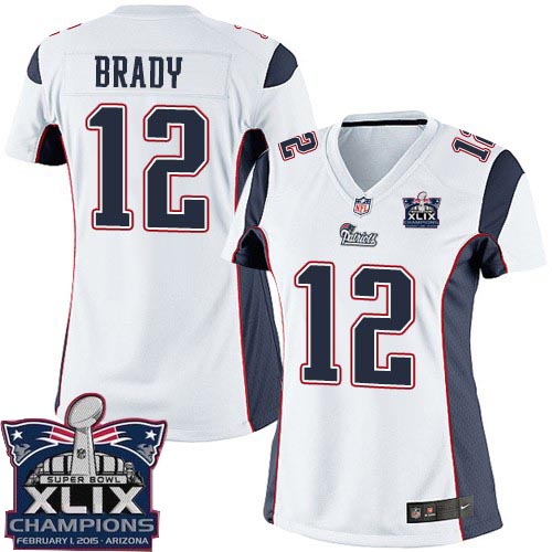 Women's Elite Tom Brady Super Bowl XLIX Champions Nike Jersey White Road - #12 NFL New England Patriots